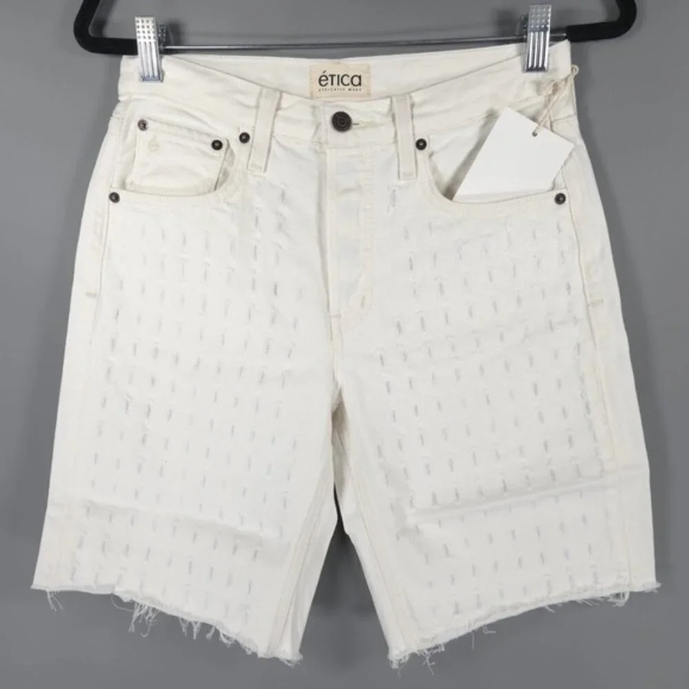NWT etica NARIN RELAXED LONG SHORTS White Denim Laser‎ Vortex Raw Hem Size 24